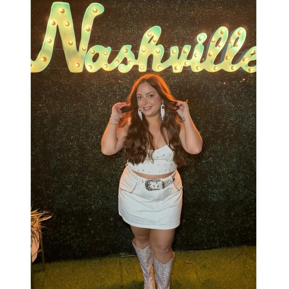 Show Me Your Mumu Shania Skirt in Rhinestone White Denim